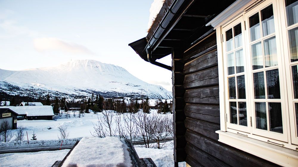 view towards Mount Gausta in winter from the terrace of the cabin at Gaustablikk fjellhytter