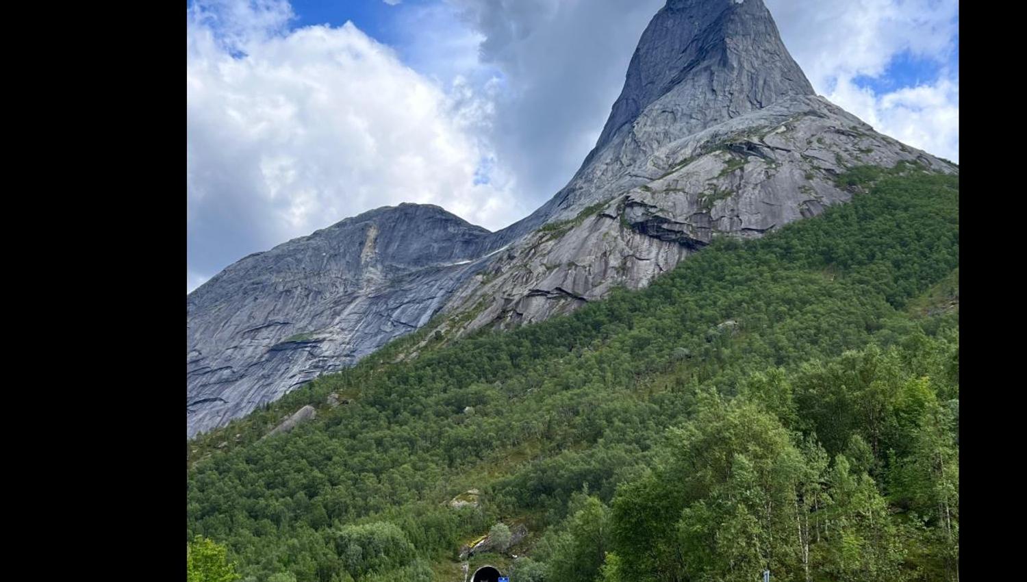 En asfaltert vei leder inn i en tunnel ved foten av et bratt, grått fjell med grønn skog og skyet himmel..