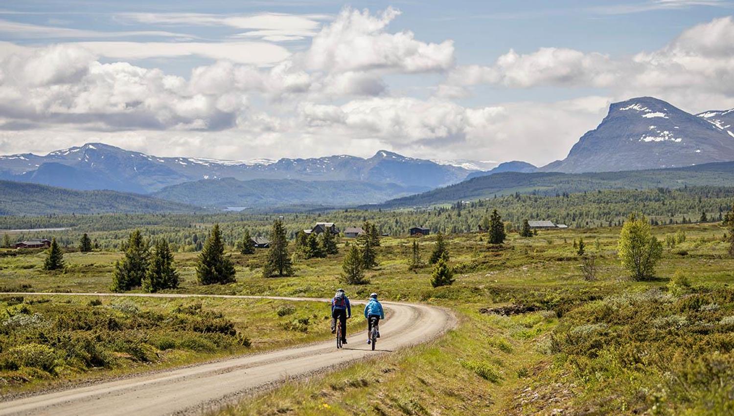 Cycling along Mjølkevegen with a beautiful view towards mountains.