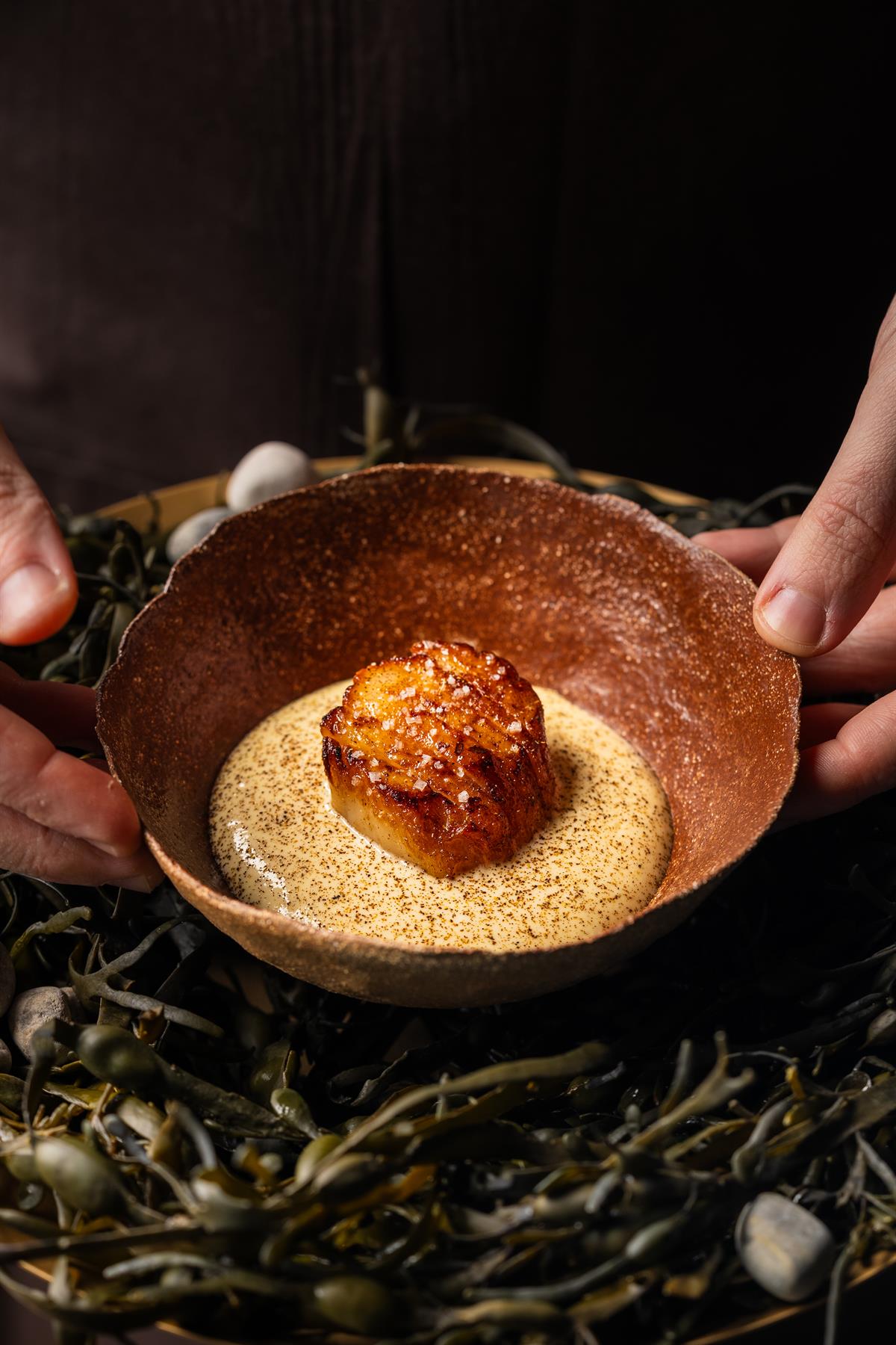 Refined dish with a creamy base and garnish.
