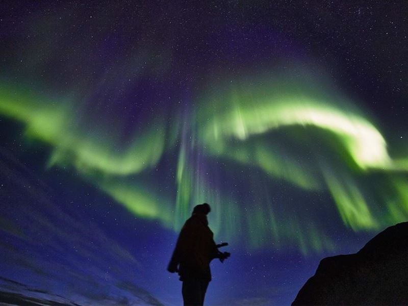 A guest standing under the nrothern lights