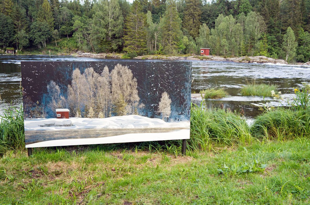 Painting of Kjærra Fossepark in winter, standing in front of the waterfall in summer