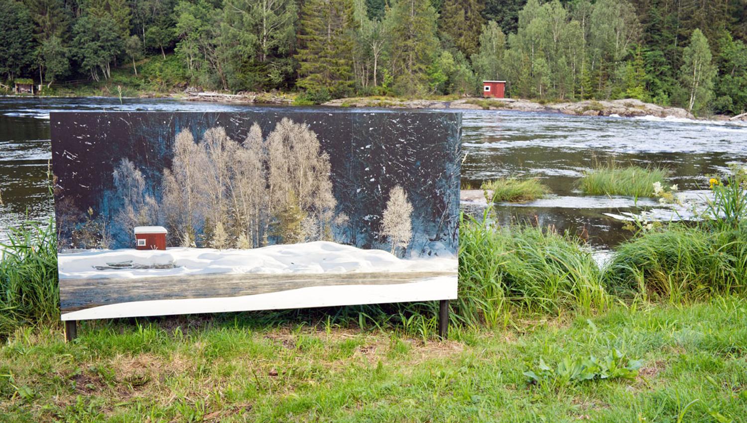 Painting of Kjærra Fossepark in winter, standing in front of the waterfall in summer