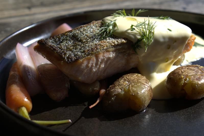 Pan-fried fish served with new potatoes, vegetables and sauce. Plated for table service.