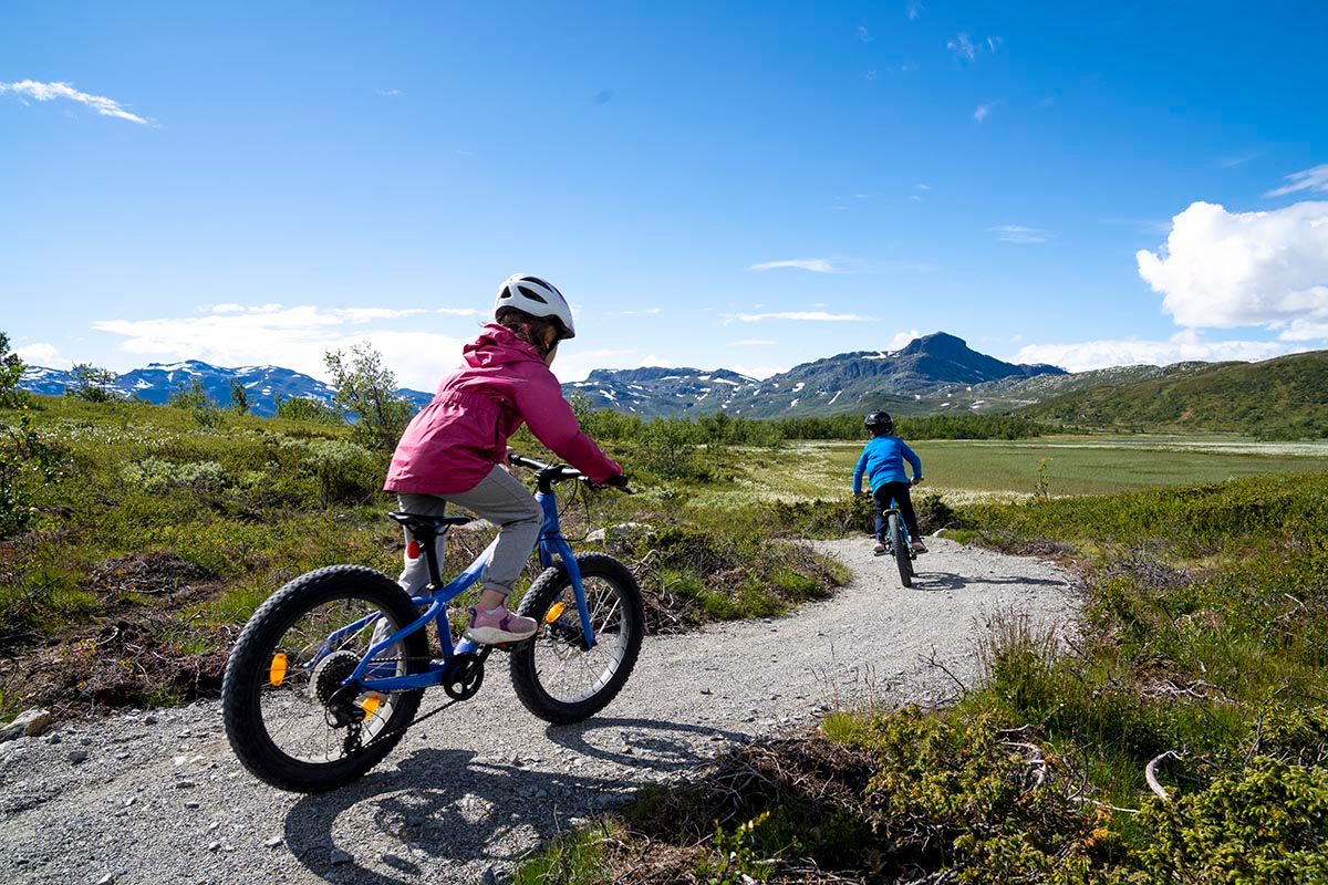Children cycling the trails of Beitostølen Trail Arrena. Beautiful surroundings with Bitihorn in the background.