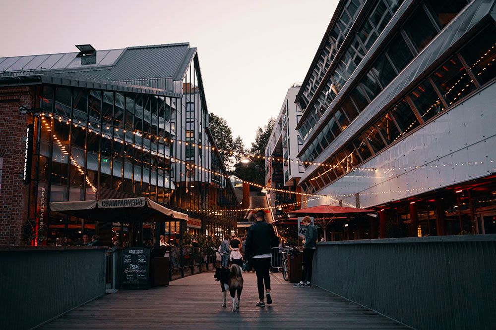vulkan area with the mathallen food hall by night