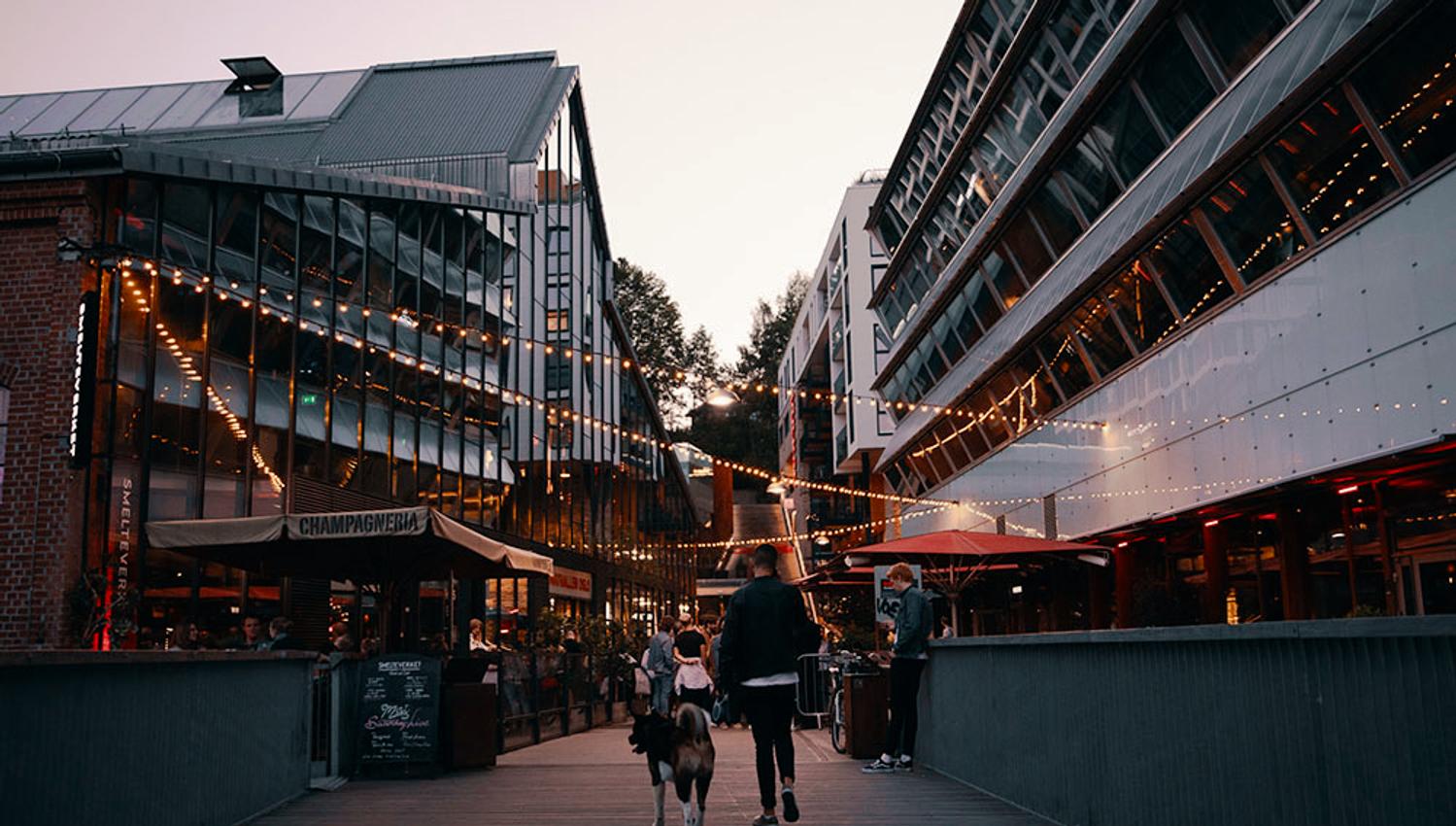 vulkan area with the mathallen food hall by night