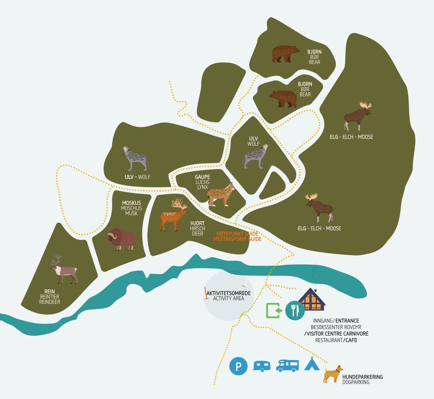 Illustrated map of a wildlife park showing animal enclosures, paths, entrance, activity area, parking, and a river.