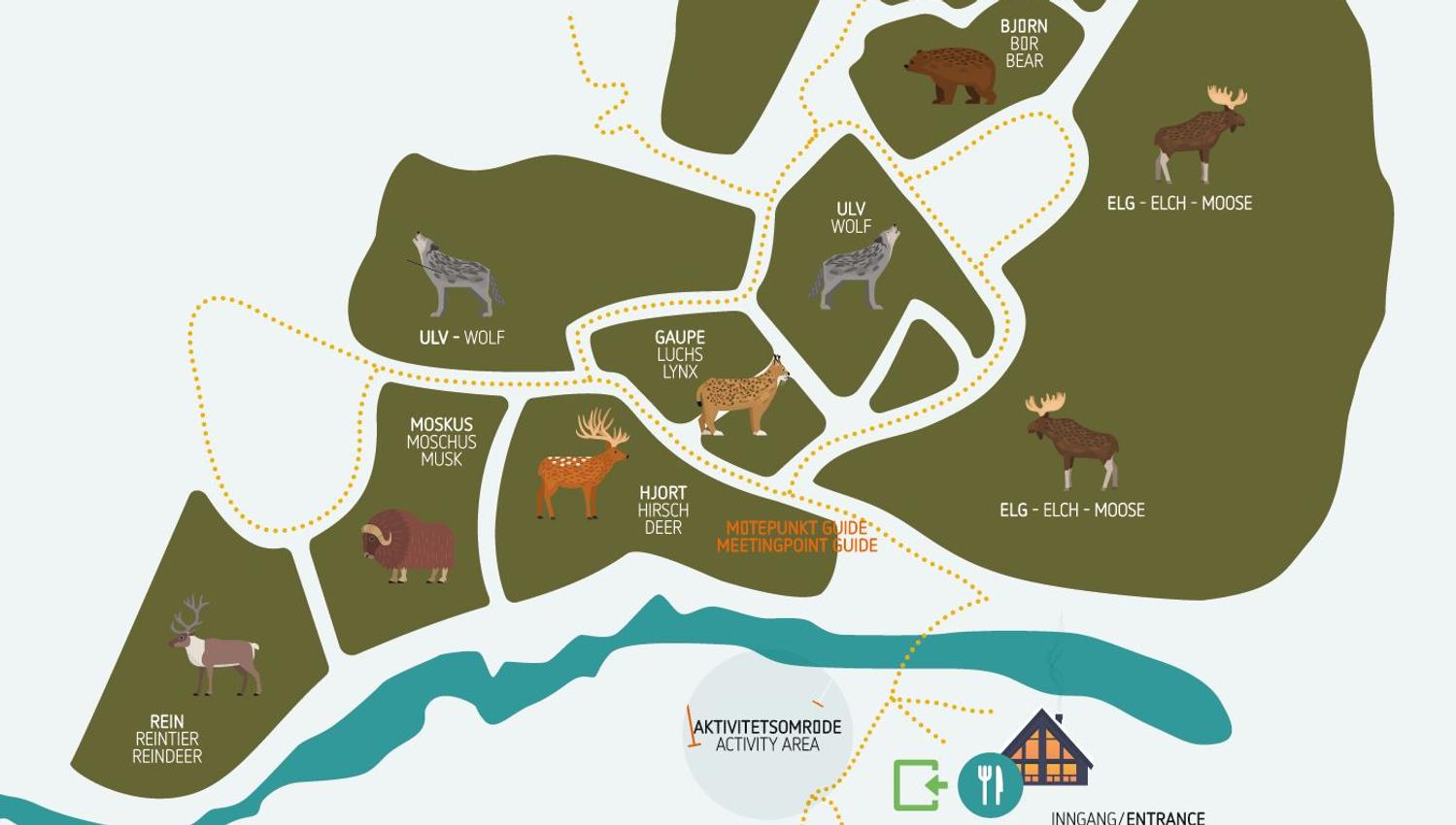 Illustrated map of a wildlife park showing animal enclosures, paths, entrance, activity area, parking, and a river.