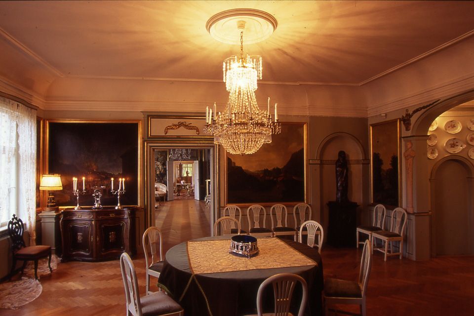 Impressive chandeliers light up the rooms.