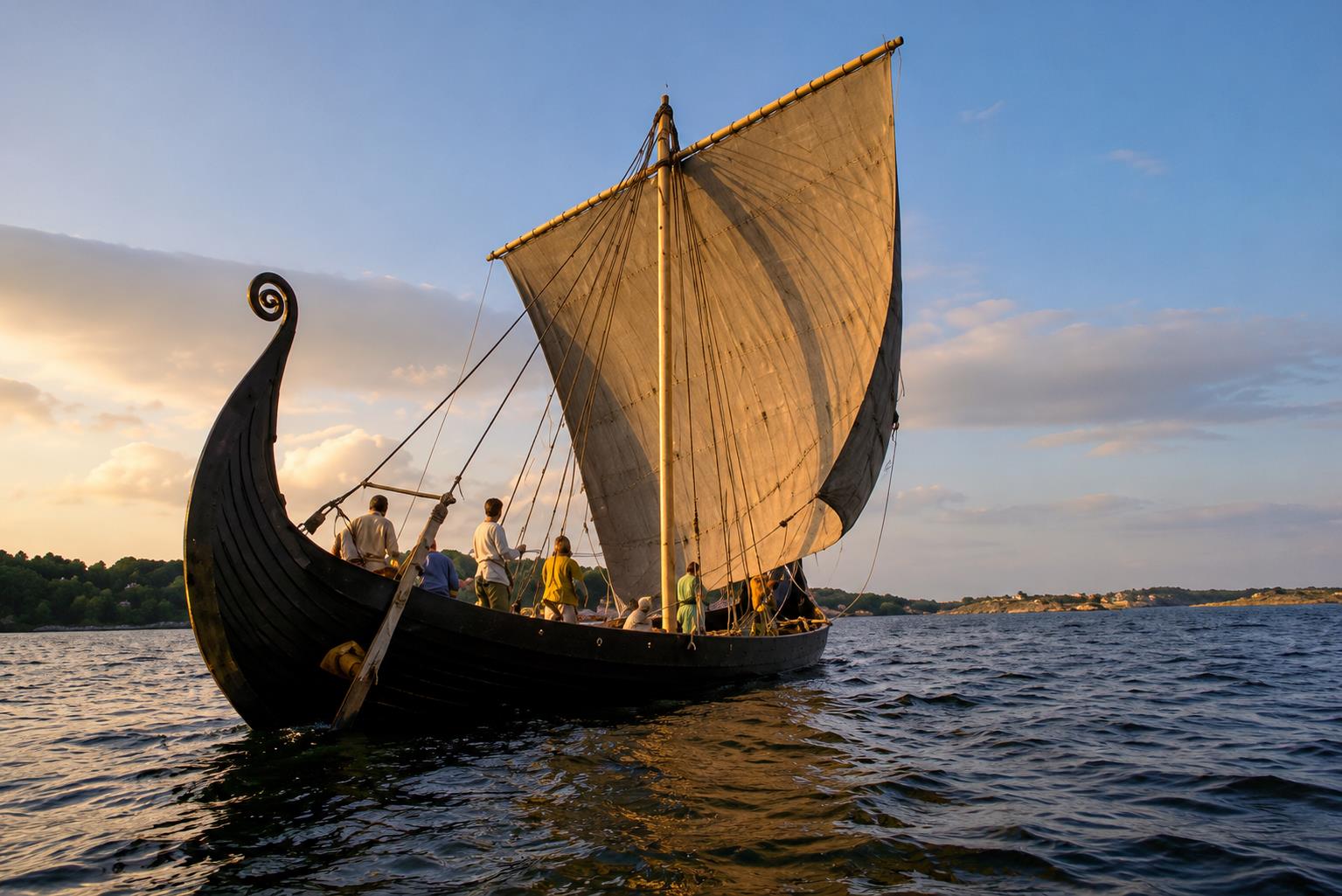 Saga Oseberg seiler med stort råseil og karakteristiske utskårne stevner i varmt kveldslys.
