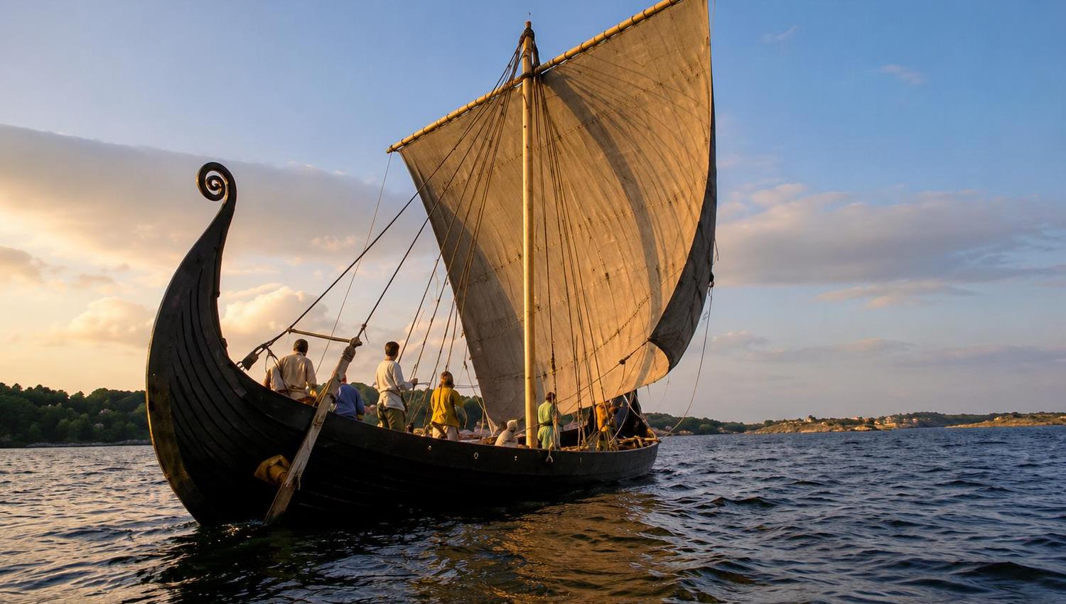 Saga Oseberg seiler med stort råseil og karakteristiske utskårne stevner i varmt kveldslys.
