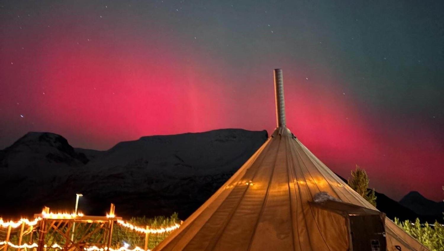 Northern lights above a lavvu in a winter landscape