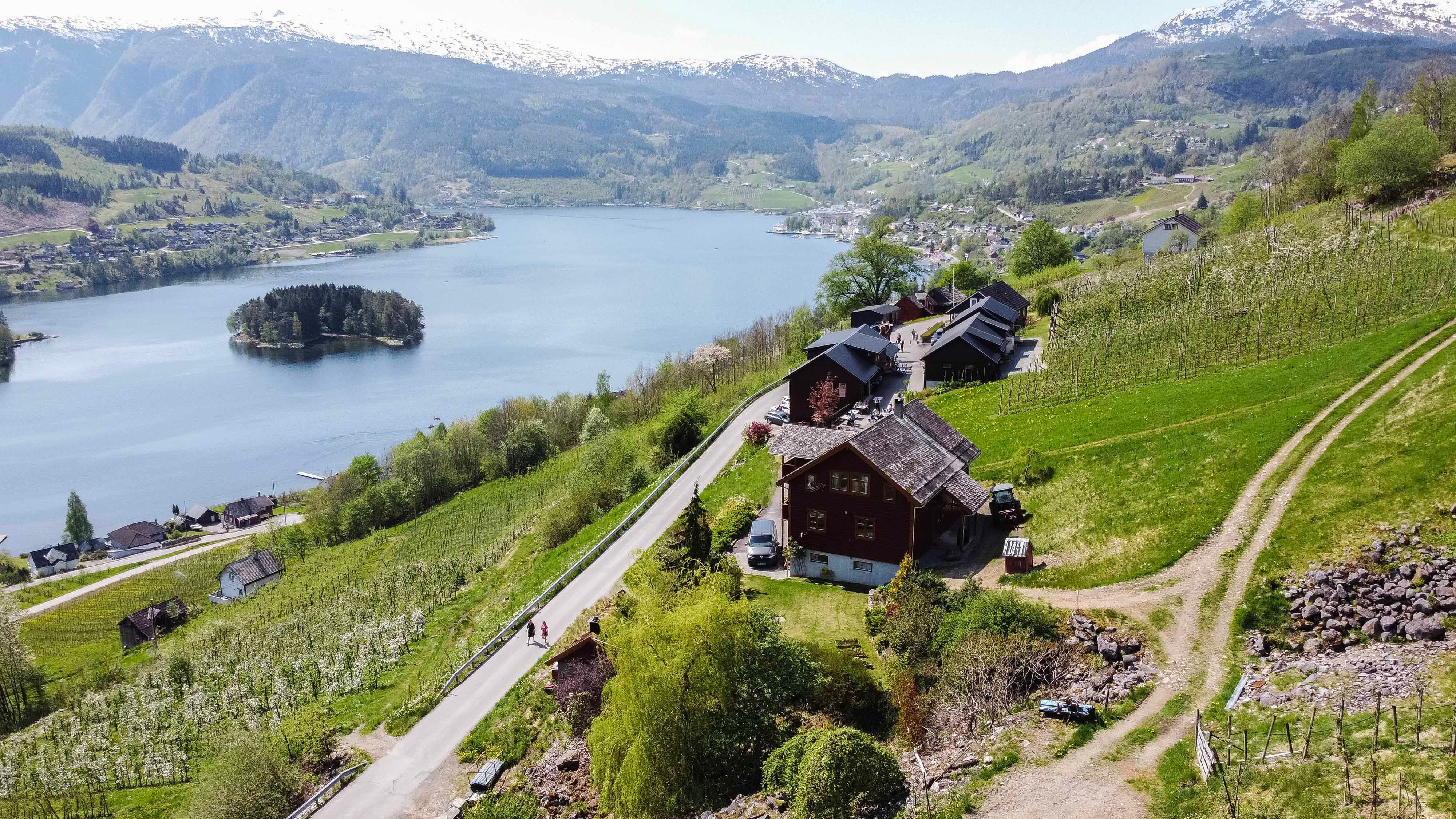 Aerial view of Syse Gard, surrounded by orchards and fjord landscapes in Hardanger.