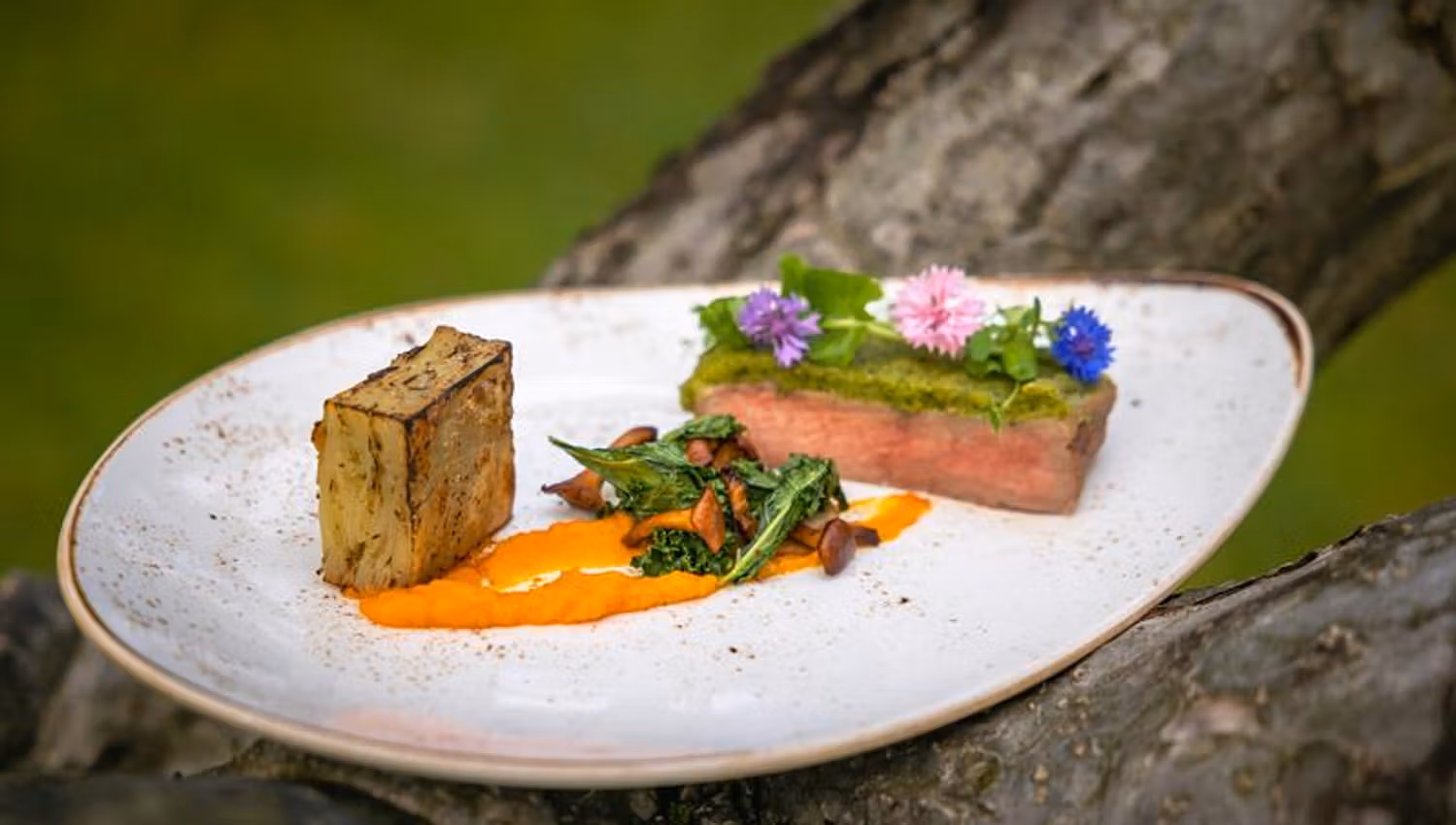 Plate with meat, orange carrot mousse and potato