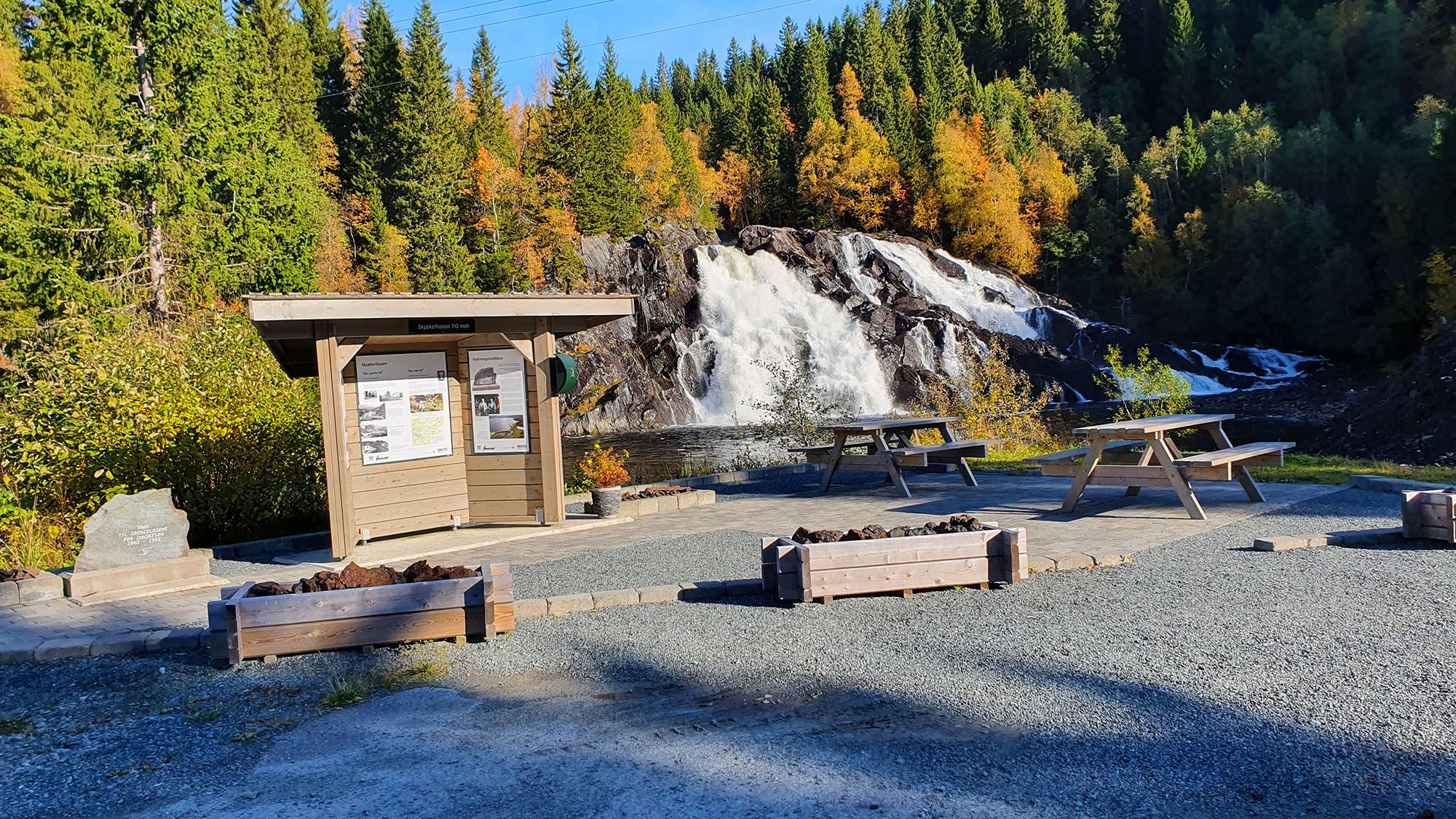 The picnic and rest area at Skjækerfossen Waterfall in Vuku, Verdal