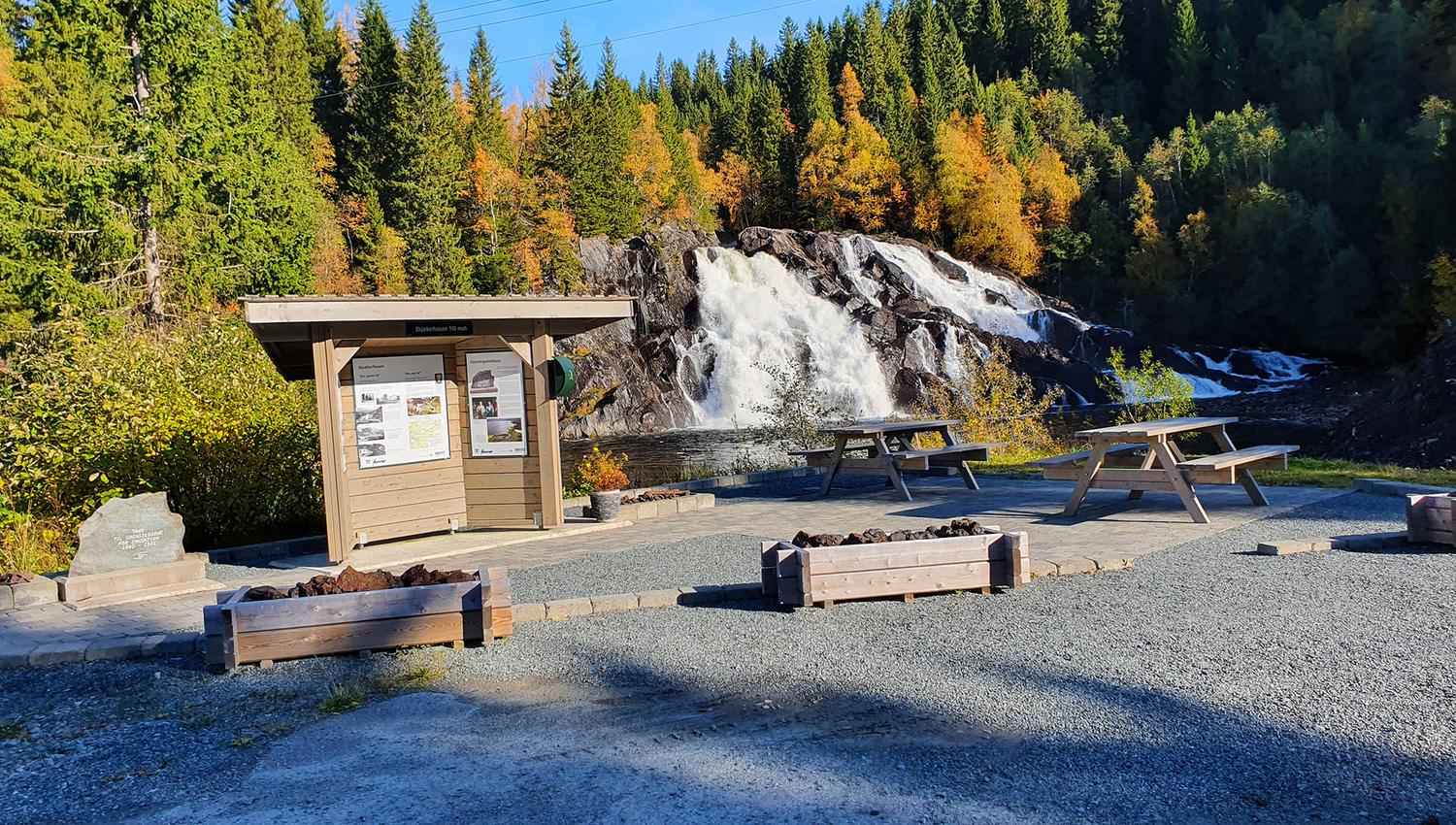 The picnic and rest area at Skjækerfossen Waterfall in Vuku, Verdal