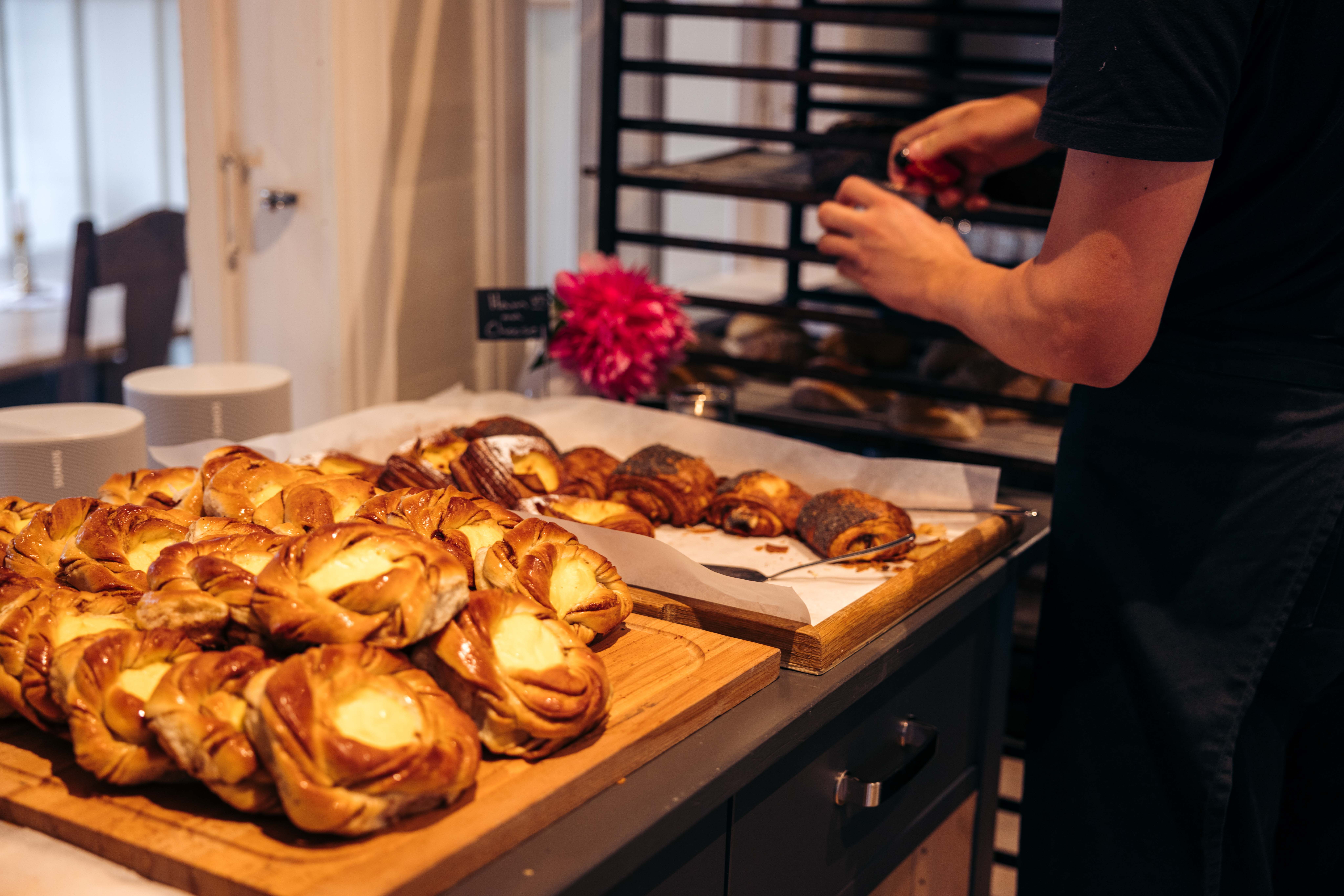 Freshly made cinnamon buns.