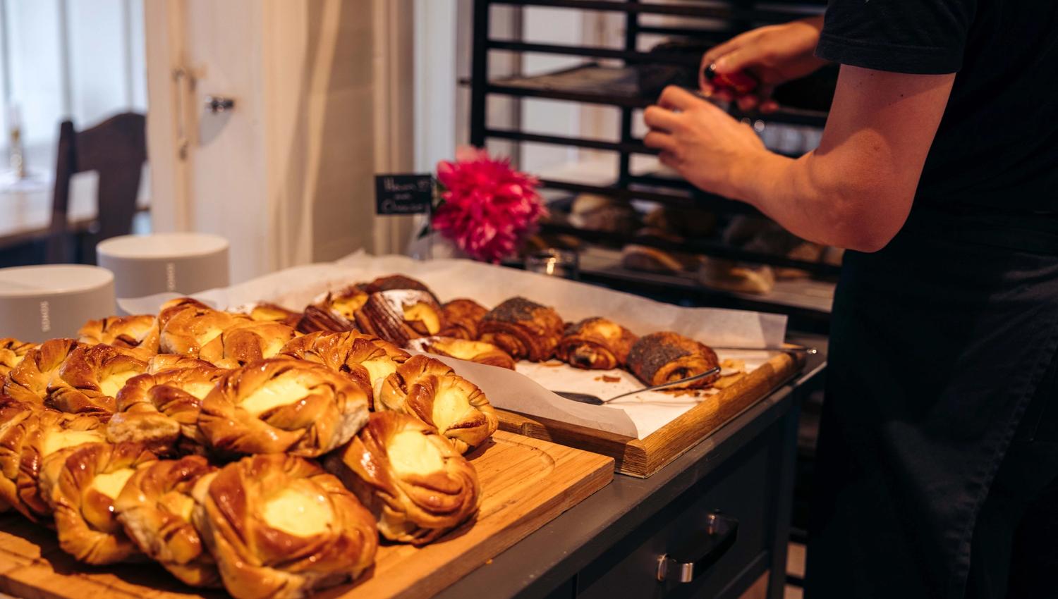 Freshly made cinnamon buns.