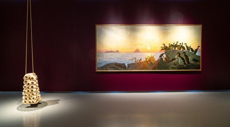Large painting and installation suspended from the ceiling