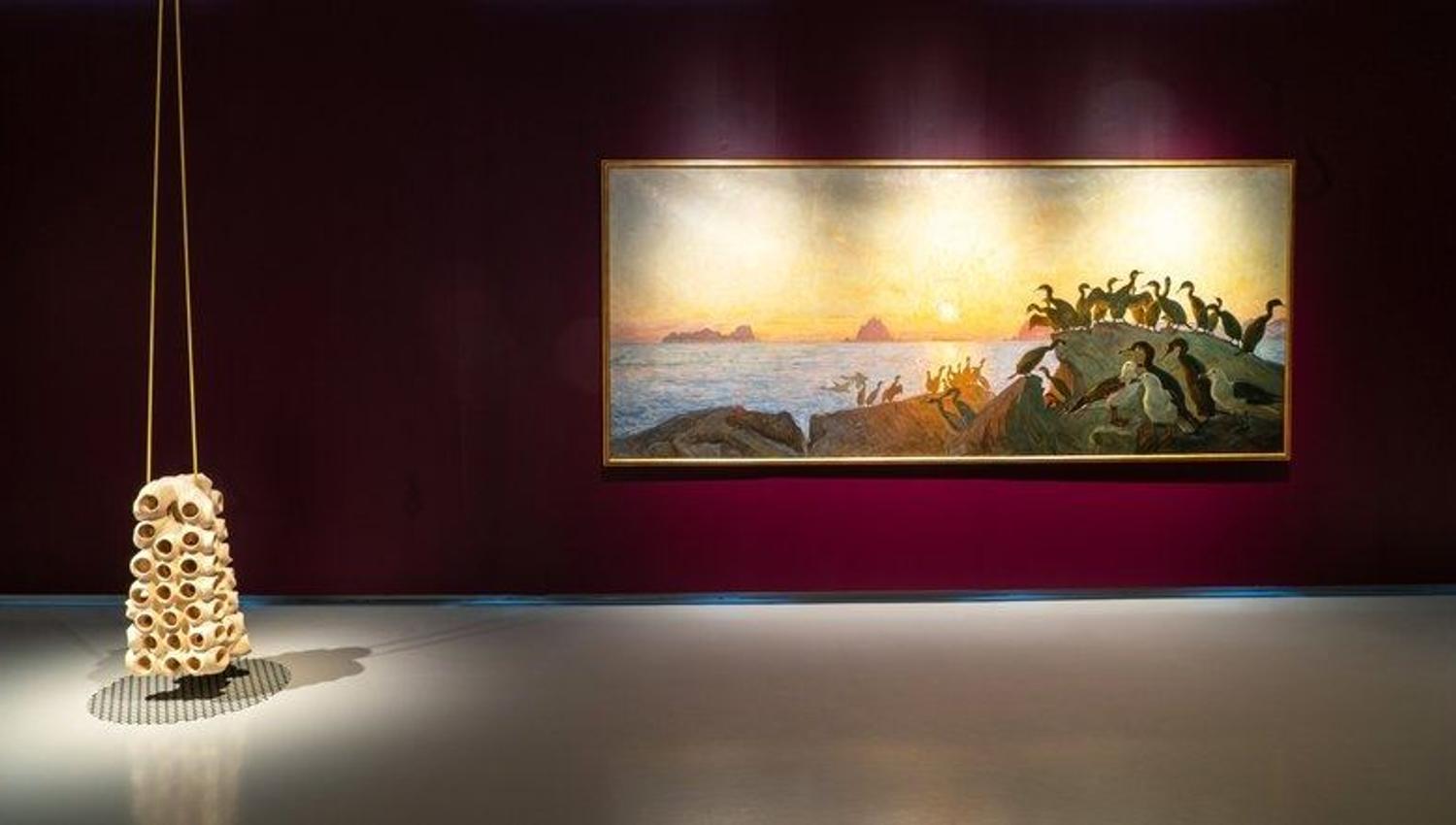 Large painting and installation suspended from the ceiling
