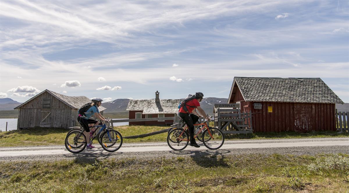Fire syklister sett fra siden foran et rødt stølshus med vann og fjell bakenfor