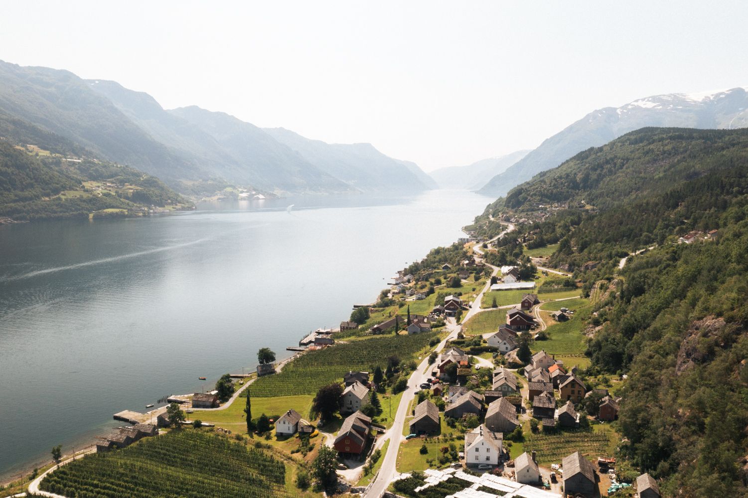 Aerial view of a fjord in Hardanger with green hillsides, small villages, and orchards along the shoreline.