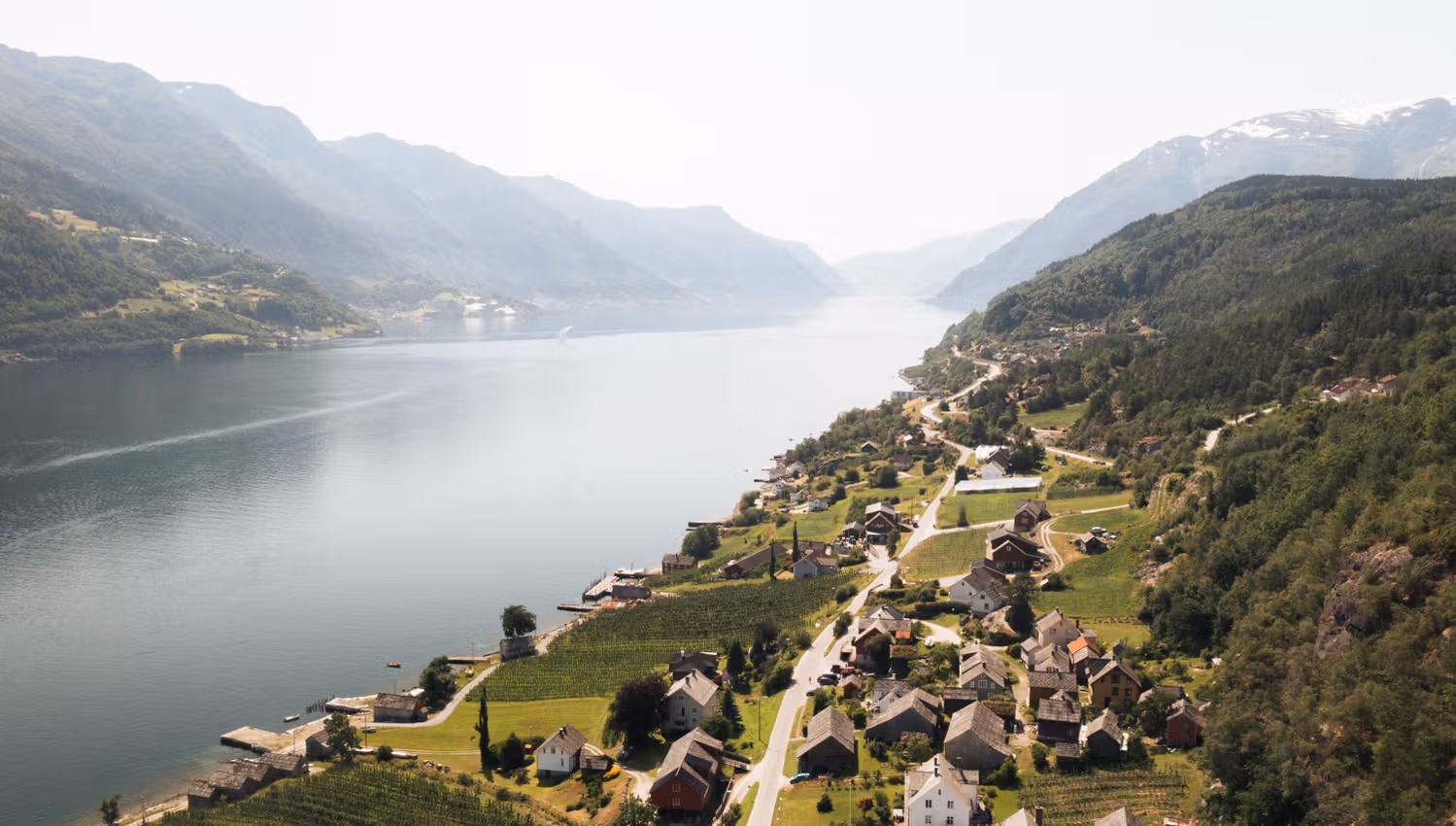 Aerial view of a fjord in Hardanger with green hillsides, small villages, and orchards along the shoreline.
