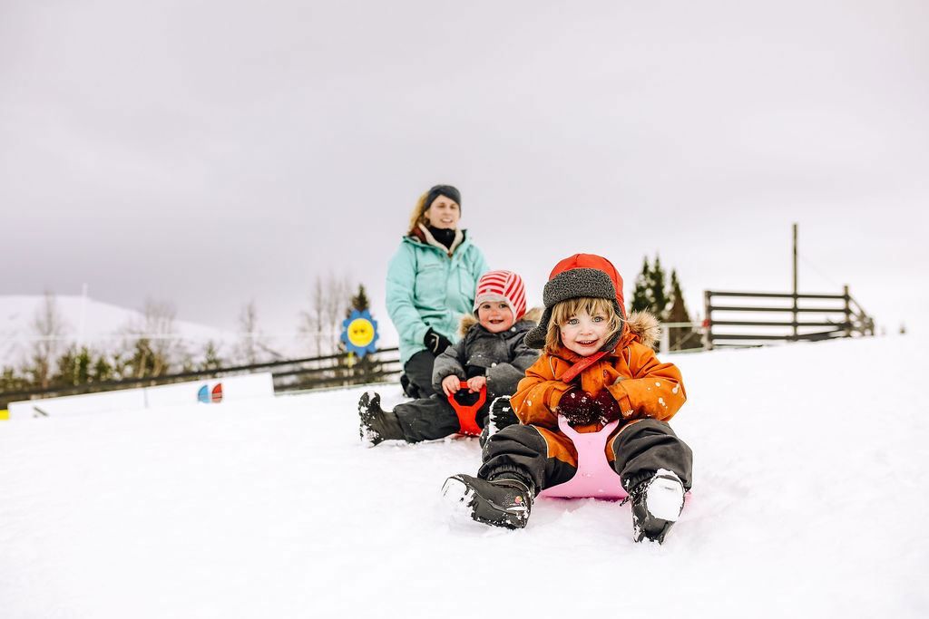 Three bundled children sit on small sleds on a snowy slope, with a fence and cloudy winter sky behind.