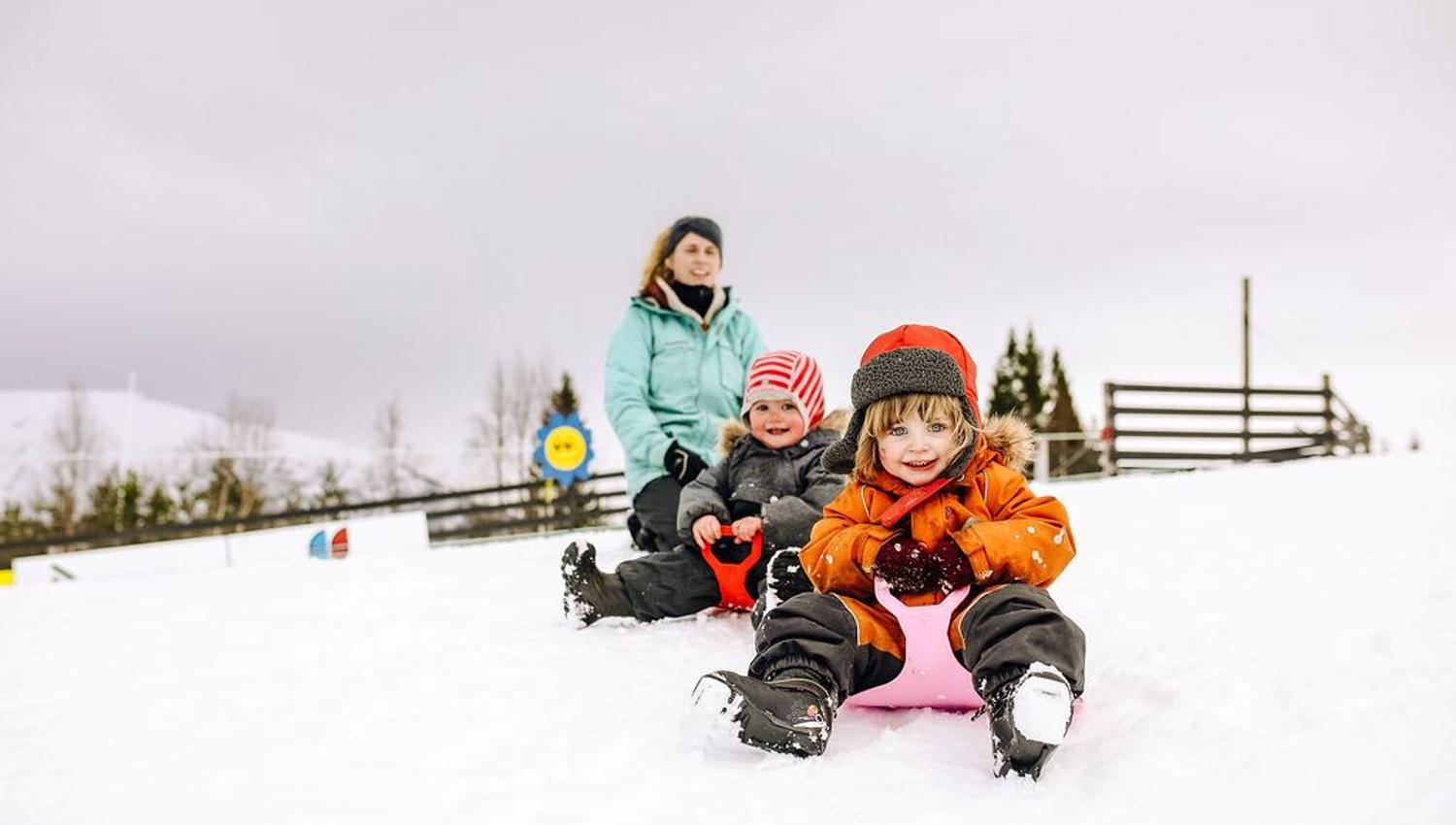 Three bundled children sit on small sleds on a snowy slope, with a fence and cloudy winter sky behind.