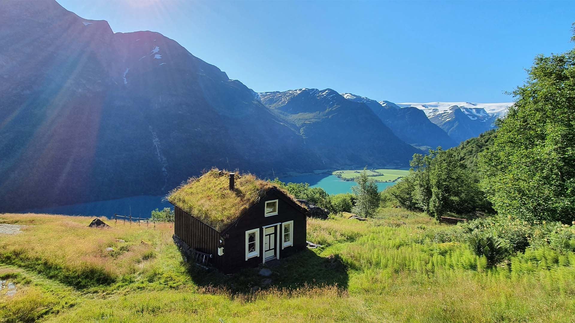 Small dark cabin with a grass roof on a sunny hillside, overlooking a blue fjord and snow-capped mountains.