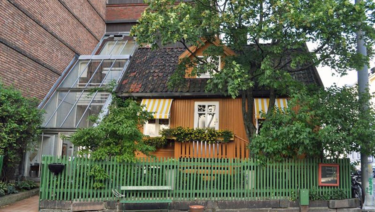 Eksteriør av lite trehus med hage og et tre utenfor.
