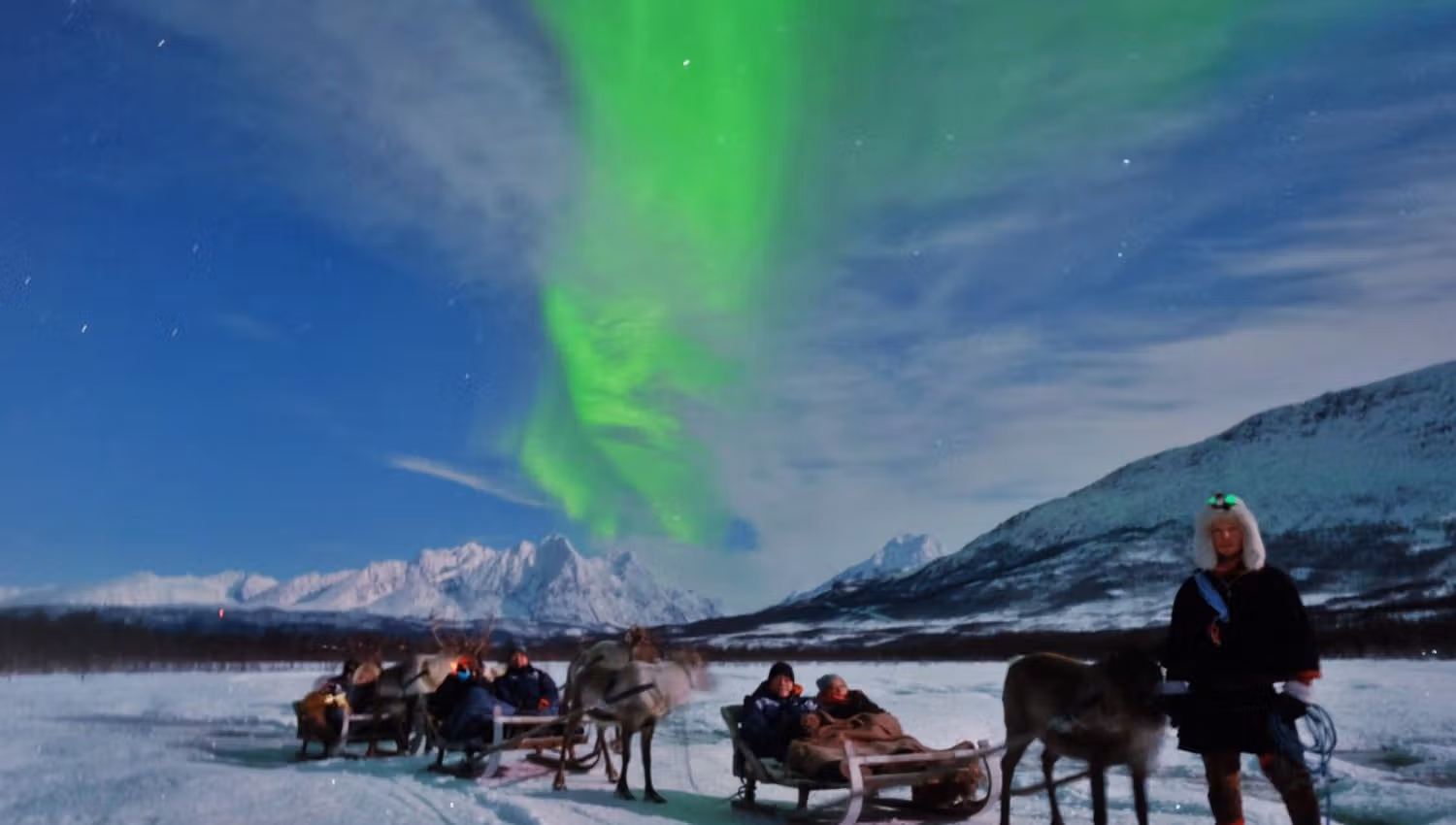 Reindeer and sleds in a snowy winter landscape under the Northern Lights at Tromsø Lapland near Tromsø.