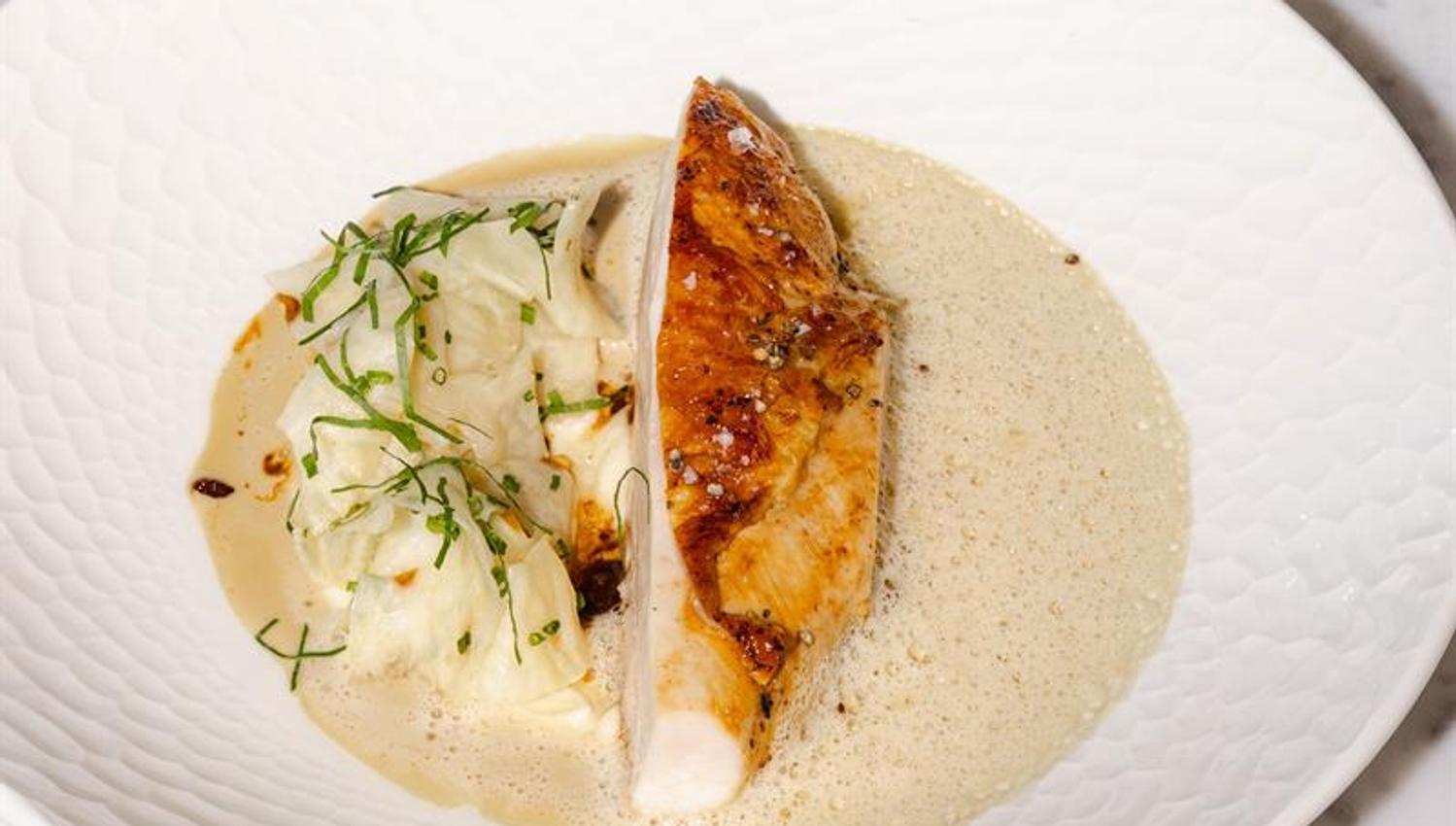 Detail of turkey in gravy on a white plate, with a bowl of potatoes on the side.
