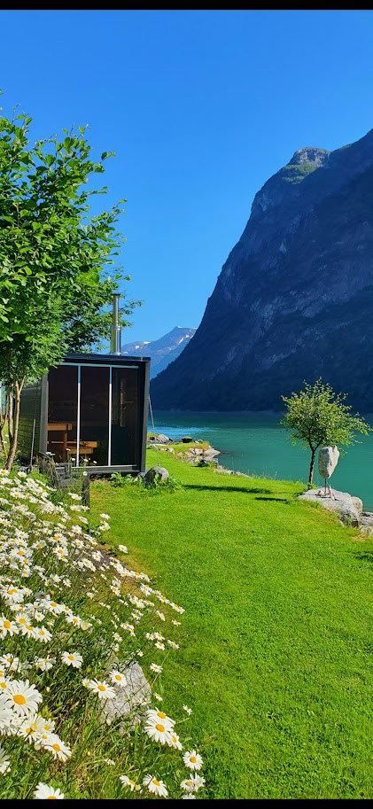 Small cabin on a grassy lakeshore with white daisies, turquoise water, and a steep mountain under clear blue sky.