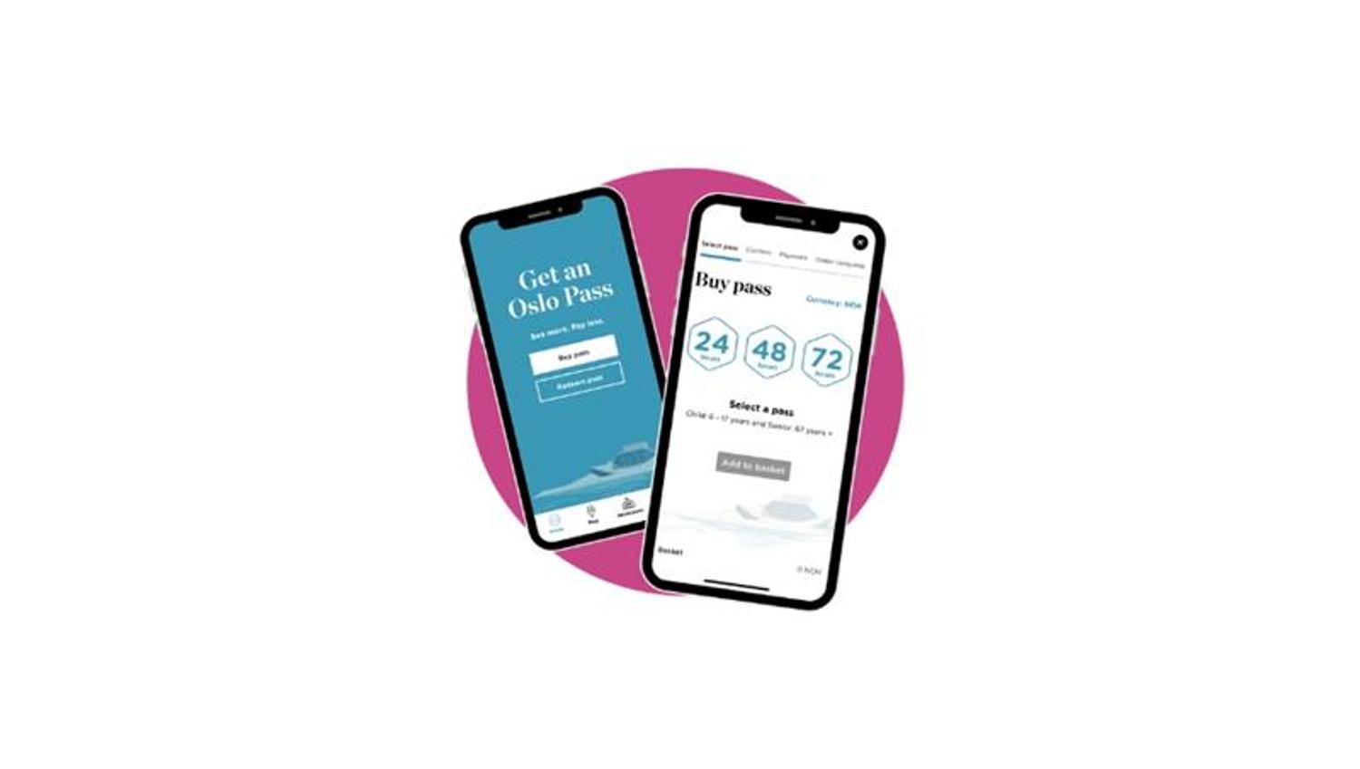Graphic of two phones displaying the Oslo Pass app.