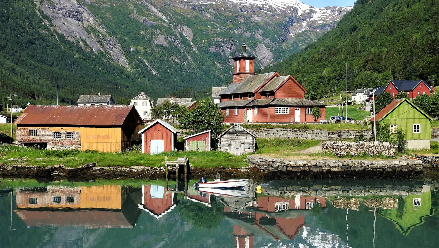 Fjord cruise entering Fjærland village