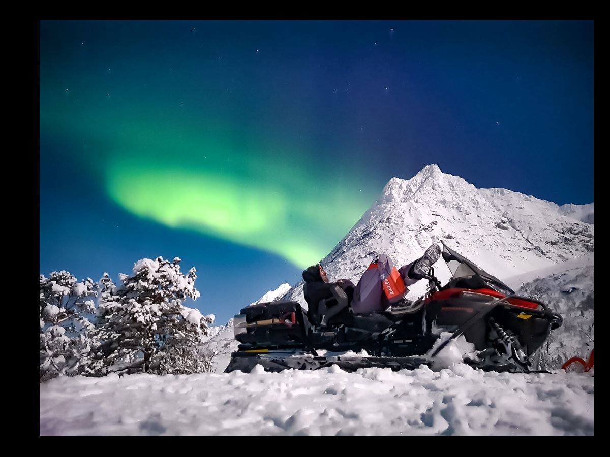 En person på snøskuter som ser opp på nordlyset