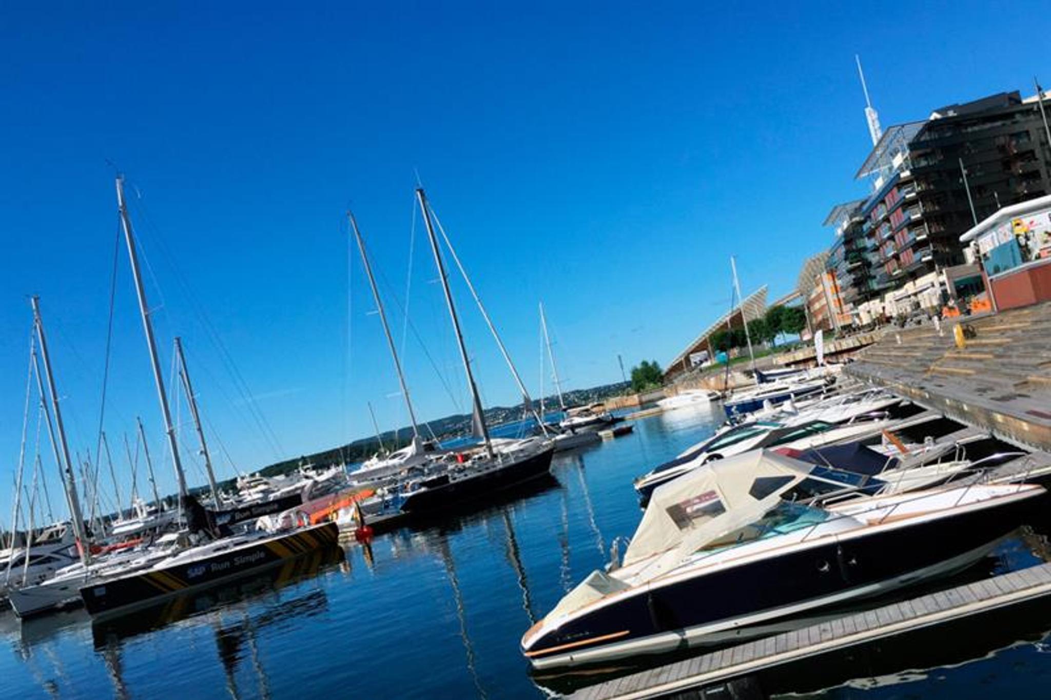 A pier with various boats ankered. Blue sky.