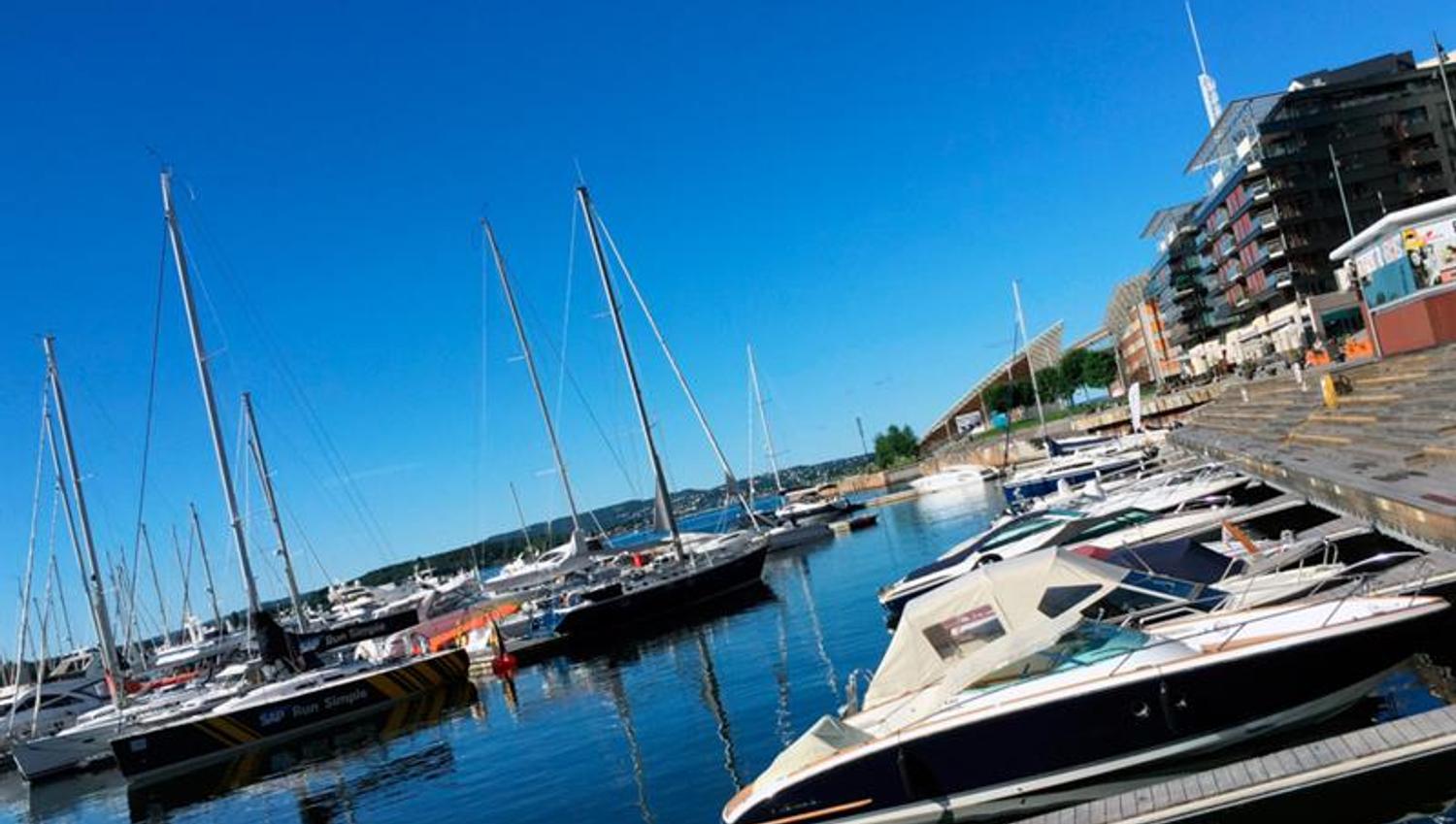 A pier with various boats ankered. Blue sky.