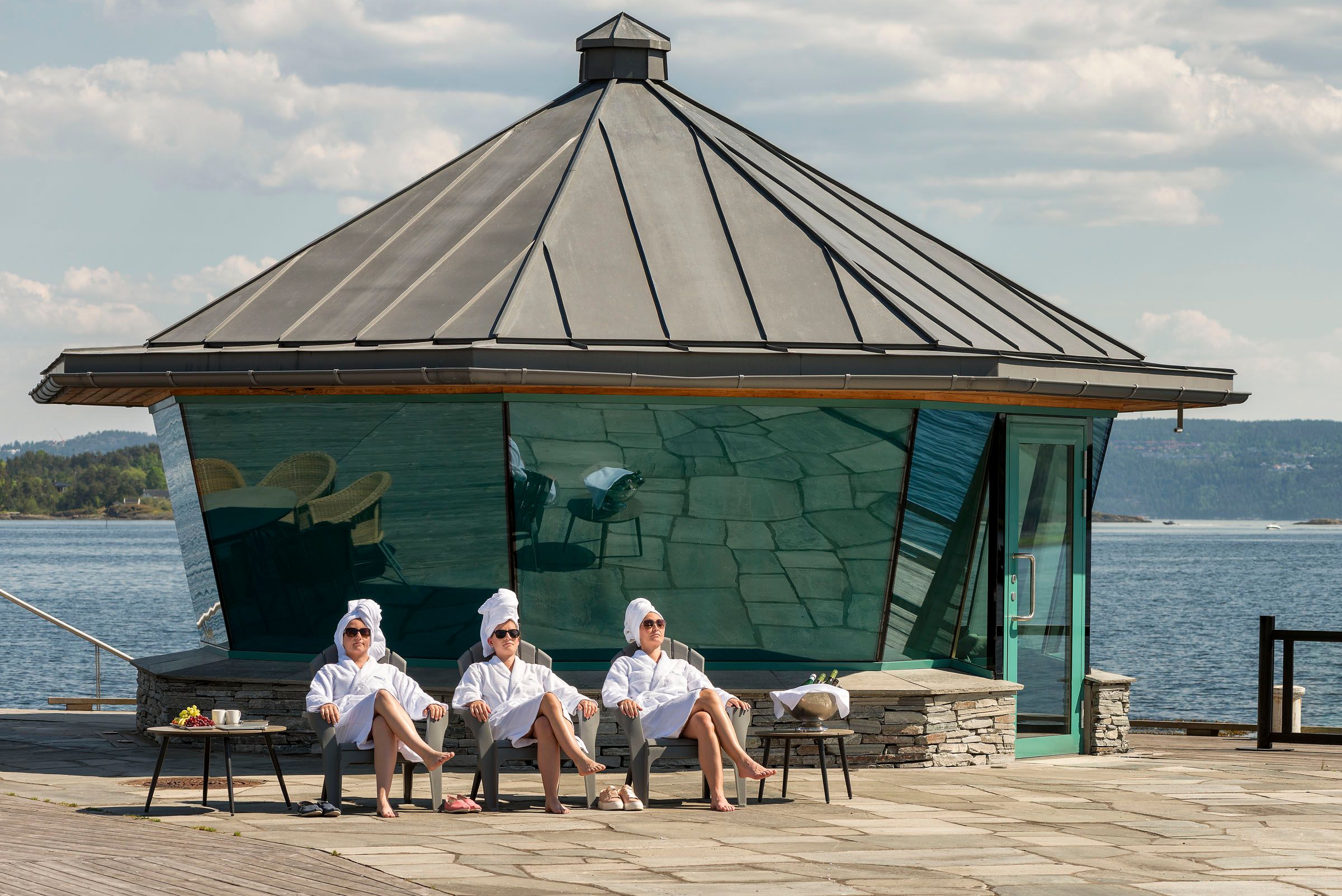 The sauna and three women in bath robes