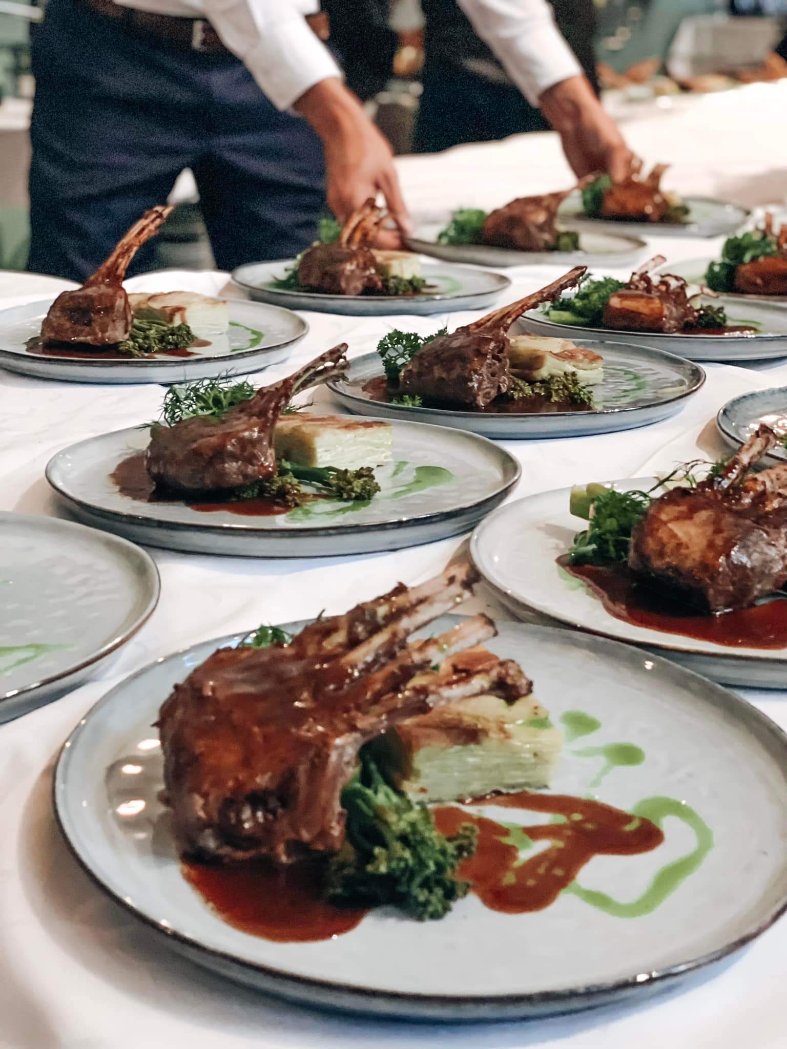 Dinner plates with meat. 