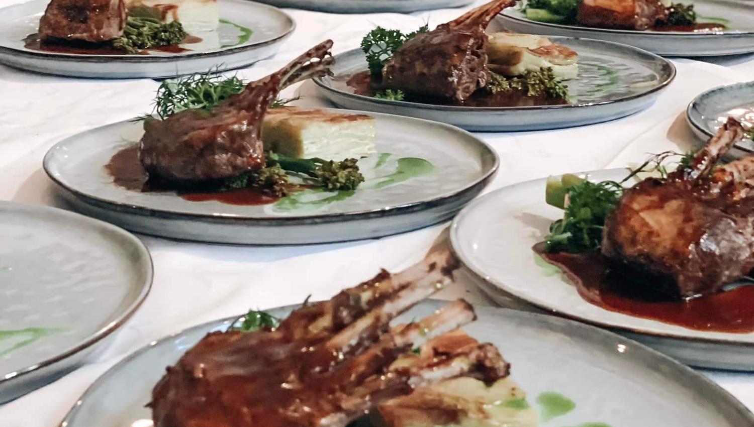 Dinner plates with meat.
