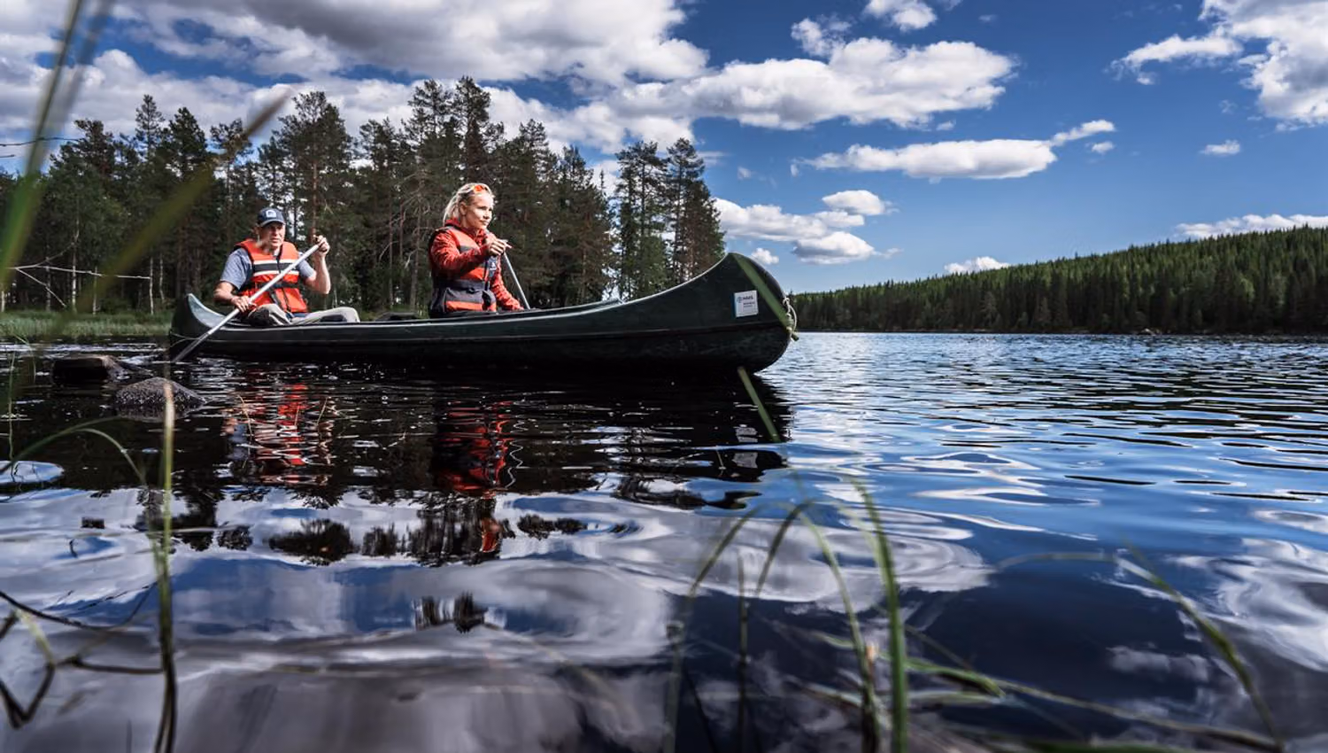 Two people paddling a canoe on a lake, framed low against the water with pine trees and blue sky behind them.