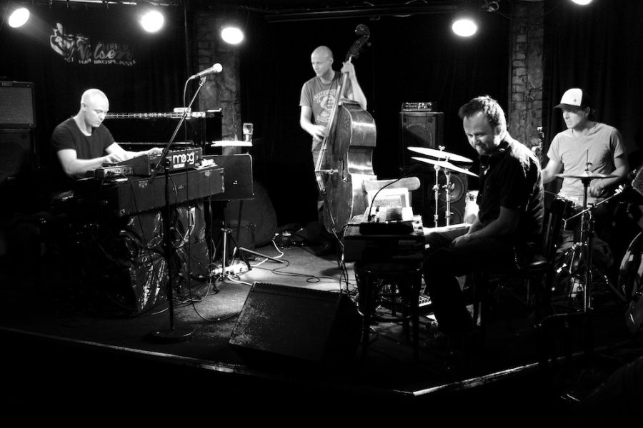 Black and white photo of a live performance.