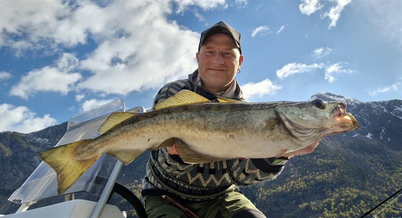 A man smiles as he holds a large fish aboard a boat with mountains in the background.