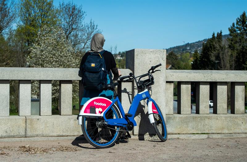 En jente som står ved siden av en bysykkel på en bro og ser mot en åsside