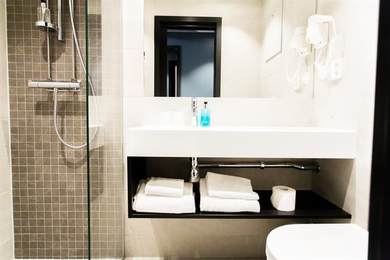 bathroom in one of the rooms: sink, toilet and shower