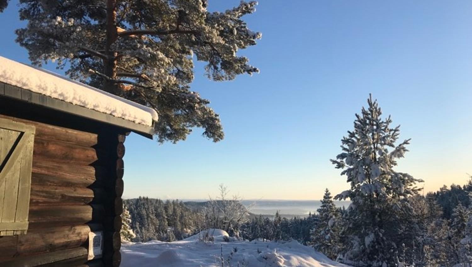 Brun tømmerhytte i vinterlandskap, utsikt til Kolsåstoppen