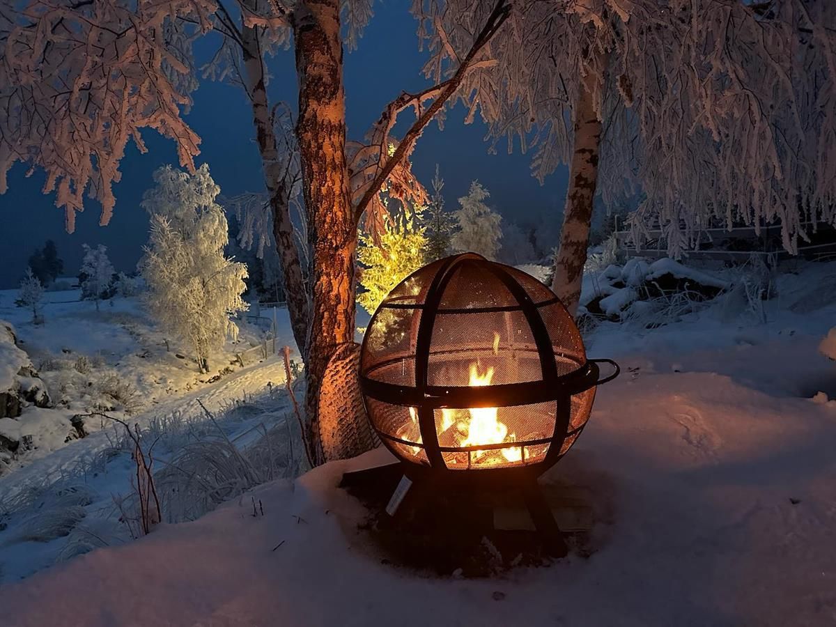 Illuminated fire globe in a winter landscape with snow‑covered trees at dusk.